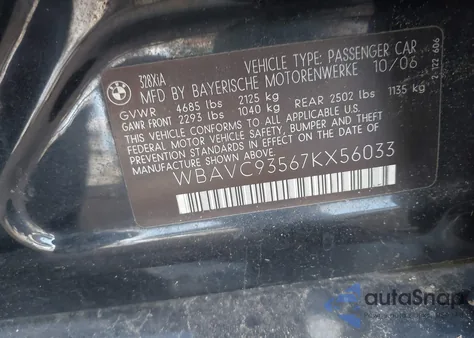 2007 BMW 328Xi z USA, uszkodzony, nr VIN WBAVC93567KX56033